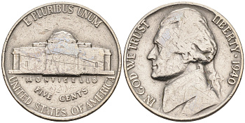США 5 центов 1940 Джефферсон KM 192 медно-никель    4595-642