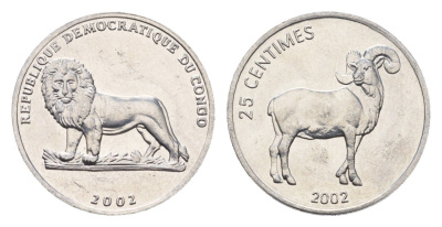 ДР Конго 25 сантимов 2002 Животные - Гривистый баран KM 77 алюминий UNC 4674-1267