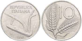 ИТАЛИЯ 10 ЛИР 1987 R, КОЛОСЬЯ, ПЛУГ KM 93 алюминий 4551-237