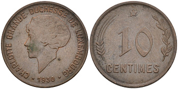 Люксембург 10 сантимов 1930 великая герцогиная Шарлотта (1919-1964) KM 41 бронза 4566-625