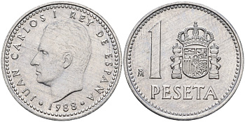 Испания 1 песета 1988 M, Хуан Карлос I (1975-2014) KM 821 алюминий 4448-357