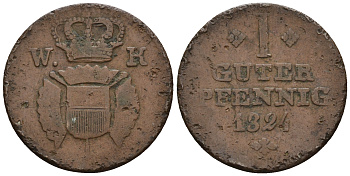 Шаумбург-Гессен 1 пфенниг 1824 Вильгельм II Brendel 64, Jaeger 23, AKS 32 медь 220-751