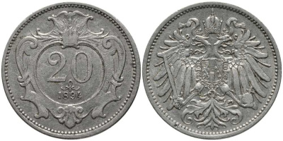 АВСТРИЯ 20 ГЕЛЛЕРОВ 1894 KM 2803 никель 113-556