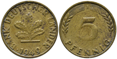 ФРГ 5 ПФЕННИГОВ 1949 J KM 102, J. 377 сталь плакированная латунью 261-1149