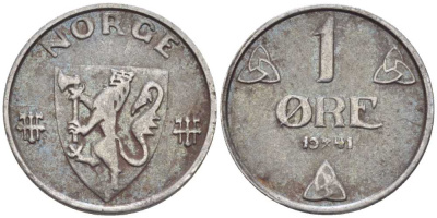 НОРВЕГИЯ 1 ЭРЕ 1941 ХОКОН VII (1905-1957), ВТОРАЯ МИРОВАЯ ВОЙНА, ВОЕННЫЙ ВЫПУСК KM 387 железо 116-1058