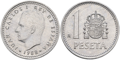 Испания 1 песета 1988 M, Хуан Карлос I (1975-2014) KM 821 алюминий 4448-357