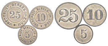 Нидерланды, Берген-оп-Зом набор из 3 монет (5, 10 и 25 центов) ND (1924) изготовленны фирмой Lauer Kooij IT018.1,2,3 никель цинк UNC 4654-155-157