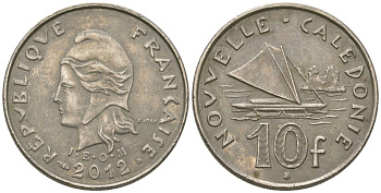 Французская Новая Каледония 10 франков 2012 рыбачья парусная лодка, (IEOM) KM 11a, Schoen 13a, Lec 99k медно-никель 65-134