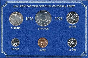 Швеция набор монетного двора из 6 монет 1976 в картоне, Карл XVI Густав (1973- ) KM MS4 UNC 7-5-7-214