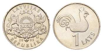 Латвия 1 лат 2005 Петух церкви Святого Петра KM 65 медно-никель UNC 4679-324