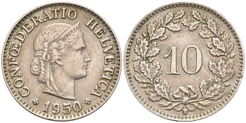 ШВЕЙЦАРИЯ 10 РАППЕНОВ 1950 В KM 27 медно-никель 206-345