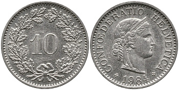 ШВЕЙЦАРИЯ 10 РАППЕНОВ 1984 KM 27 медно-никель 4539-526