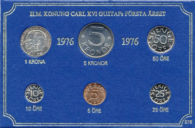 Швеция набор монетного двора из 6 монет 1976 в картоне, Карл XVI Густав (1973- ) KM MS4 UNC 7-5-7-214