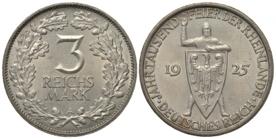 Германия 3 марки 1925 A - 1000 летие Рейнланд J. 321, KM 48 серебро aUNC 00-1067-8-13