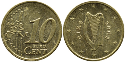 ИРЛАНДИЯ 10 ЕВРОЦЕНТОВ 2002 KM 35 латунь 4390-943