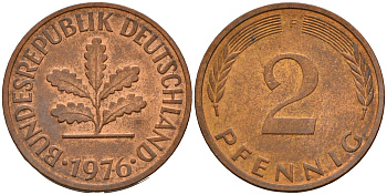 ФРГ 2 пфеннига 1976 F J.381a, KM 106a сталь плакированная медью    4598-829
