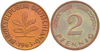 ФРГ 2 ПФЕННИГА 1963 J KM 106, J.381 бронза 3718-362