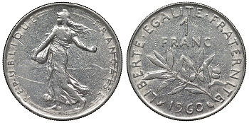 Франция 1 франк 1960 сеятель KM 925.1, Le Franc 226.5 никель 4128-425