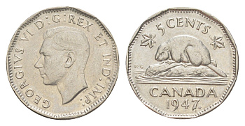 Канада 5 центов 1947 Leaf, бобр, Георг VI (1937-1952) KM 39a никель 4639-427