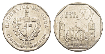 Куба 50 сентаво 1994 собор в Гаване KM 578.1 сталь плакированная никелем 4637-1117