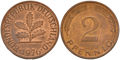 ФРГ 2 пфеннига 1976 F J.381a, KM 106a сталь плакированная медью    4598-829