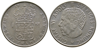 Швеция 1 крона 1968 Густав VI Адольф (1950-1973) KM 826a медь плакированная медно-никелем 4179-754