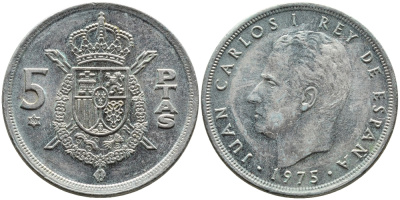 Испания 5 песет 1975 (80) Хуан Карлос I (1975-2014) KM 807 медно-никель 4393-241