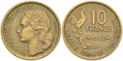 Франция 10 франков 1952 петух KM 915.1, Le Franc 363.6 алюминиевая бронза 4511-1124