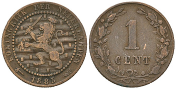Нидерланды 1 цент 1883 Виллем III (1849-1890) KM 107 бронза 4615-563