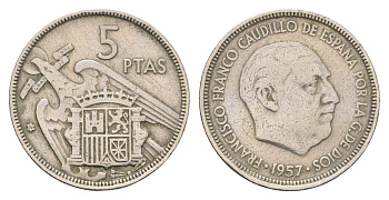 Испания 5 песет 1957 (64) Франсиско Франко (1939-1975) KM 786 медно-никель 183-221