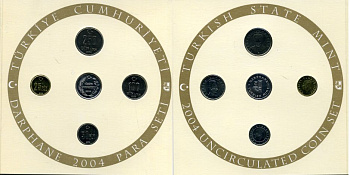 Турция официальный набор из 4 монет + жетон 2004 25000, 50000, 100000 и 250000 лир, буклет  медно-никель  UNC 7-3-1-17