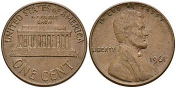 США 1 цент 1961 Авраам Линкольн KM 201 медь цинк 4564-344