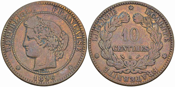 ФРАНЦИЯ 10 САНТИМОВ 1896 A, ТРЕТЬЯ РЕСПУБЛИКА (1871-1940) KM 815.1, LA FRANC 135.41 бронза 82-935