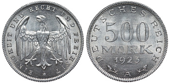 Германия 500 марок 1923 А KM 36, J.305 алюминий UNC 4587-514