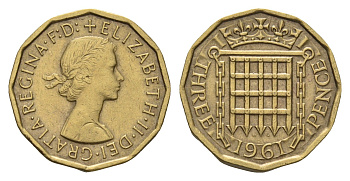 Великобритания 3 пенса 1961 Елизавета II (1952-2022) KM 900, Spink 4153 никель латунь 4121-632
