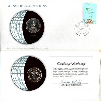 Вануату 20 вату 1983 конверт с маркой первого дня гашения, Coins of Nations KM 7 медно-никель UNC 4294-12-1