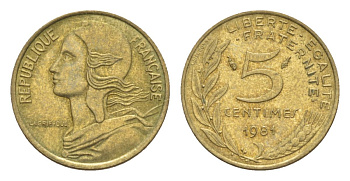 Франция 5 сантимов 1981 тип Morlon KM 933, Le Franc 125.17 алюминиевая бронза 4630-337