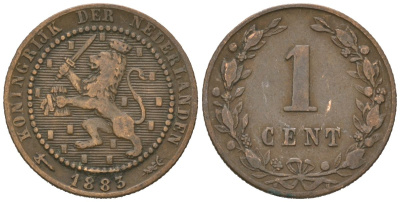Нидерланды 1 цент 1883 Виллем III (1849-1890) KM 107 бронза 4615-563