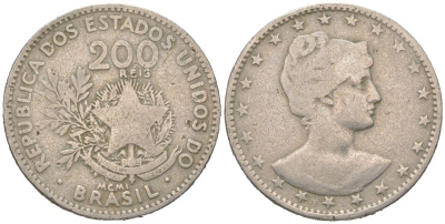 Бразилия 200 реалов 1901 MCMI, голова свободы вправо KM 504 медно-никель 4612-215
