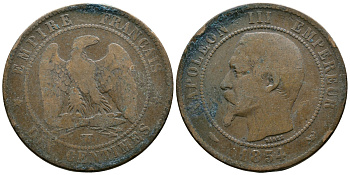 ФРАНЦИЯ 10 САНТИМОВ 1854 W, НАПОЛЕОН III (1852-1870) KM 771.7, LE FRANC 133.17 бронза 4179-434