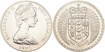 Новая Зеландия 1 доллар 1971 герб Новой Зеландии, Елизавета II (1952-2022) KM 38.2 медно-никель UNC 4552-1115