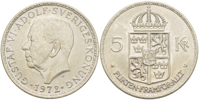 Швеция 5 крон 1972 U, Густав VI Адольф (1950-1973) KM 846 никель плакированный медно-никелем UNC 4542-115