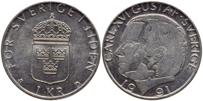 Швеция 1 крона 1991 Карл XVI Густав (1973- ) KM 852a медно-никель 4384-212