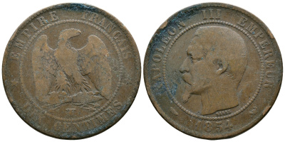 ФРАНЦИЯ 10 САНТИМОВ 1854 W, НАПОЛЕОН III (1852-1870) KM 771.7, LE FRANC 133.17 бронза 4179-434