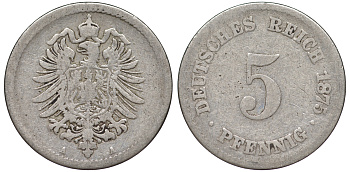 ГЕРМАНИЯ 5 ПФЕННИГОВ 1875 A, СТАРОГЕРБОВКА KM 3, J.3 медно-никель 45-439