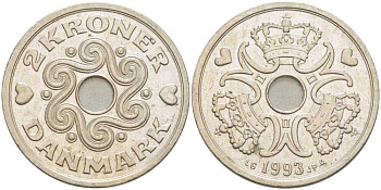 Дания 2 кроны 1993 LG; JP; A, Маргрете II (1972- ) KM 874.1 медно-никель 67-642