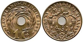 Нидерландская Восточная Индия 1 цент 1945 р, Вильгельмина (1890-1948) KM 317 бронза UNC 4610-1024