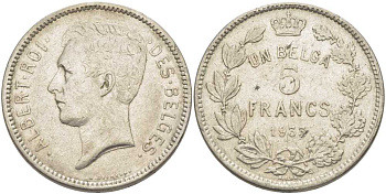 БЕЛЬГИЯ 5 ФРАНКОВ 1933 АЛЬБЕРТ I, DES BELGES KM 97.1 никель 3851-242