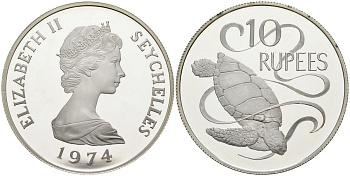 Сейшельские острова 10 рупий 1974 серия защита окружающей среды, зелёная морская черепаха, тираж 25000 экз. KM 20а серебро PROOF 1095-10-54