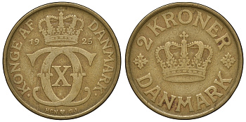 Дания 2 кроны 1925 HCN, GJ, Кристиан X (1912-1947) KM 825.1 алюминиевая бронза 4112-111